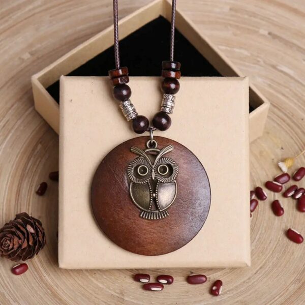 Owl Necklace With Wood Pendant