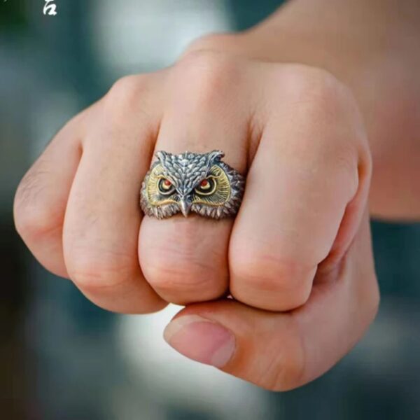 Owl Face with Red Eyes Ring